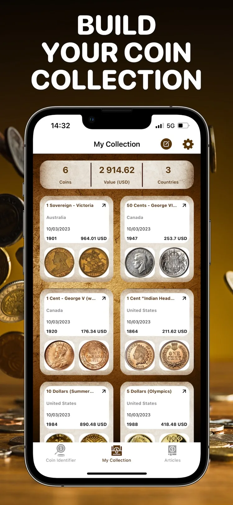 Personal coin collection organized in the Coin Value Checker app