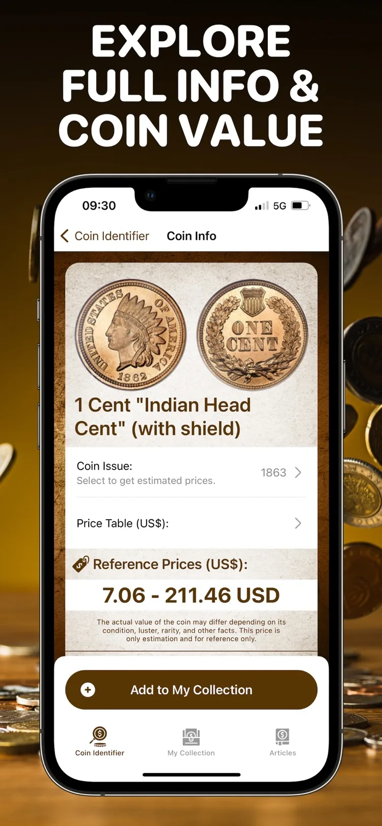 Coin details in the app: issuer, minting years and composition